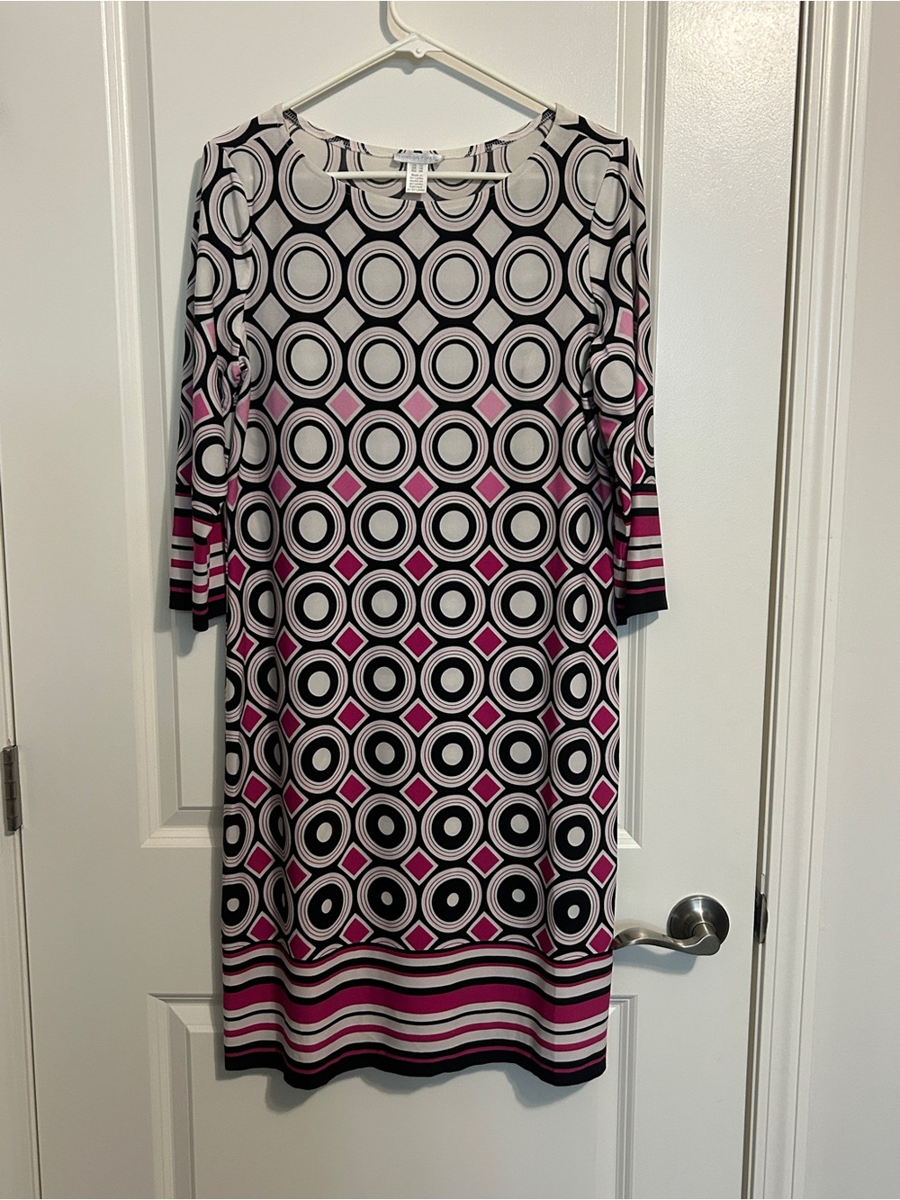 London Times Pink, Black & White Geometric Long-Sleeve Shift Dress